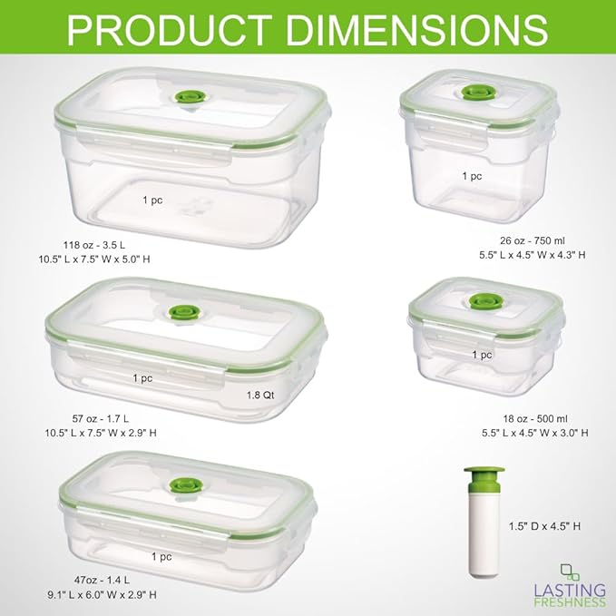 11 piece Vacuum Seal Food Storage Containers with Vacuum Pump, Airtight and Leak Proof, Vacuum Sealed Food Storage Containers, Meal Prep Containers, Keep Food Fresh up to 5 X Longer