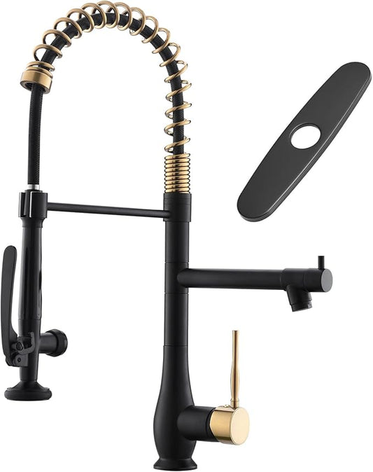 GIMILI Black and Gold Kitchen Faucet with Pull Down Sprayer Single Handle High Pressure Kitchen Sink Faucet Commercial Double-Headed Stainless Steel Kitchen Faucets