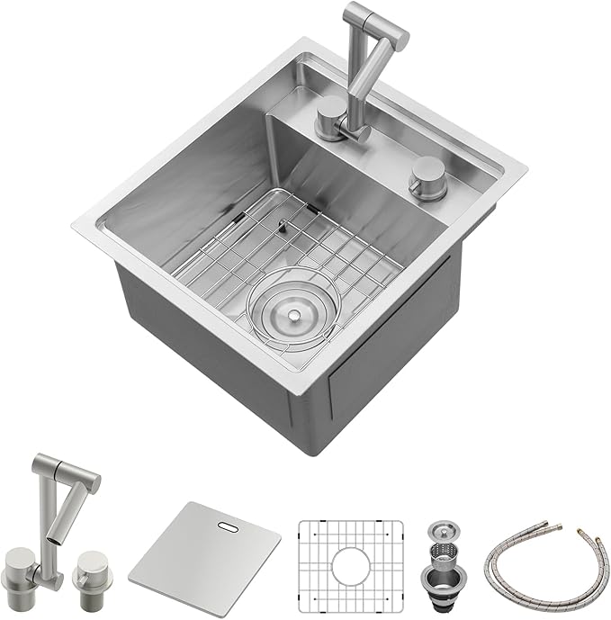 Lordear RV Kitchen Sink with Foldable Faucet,15" x 17" Bar Prep Sink Undermount 16 Gauge Stainless Steel Single Bowl Small Kitchen Camper Wet Bar Mobile Home Basin