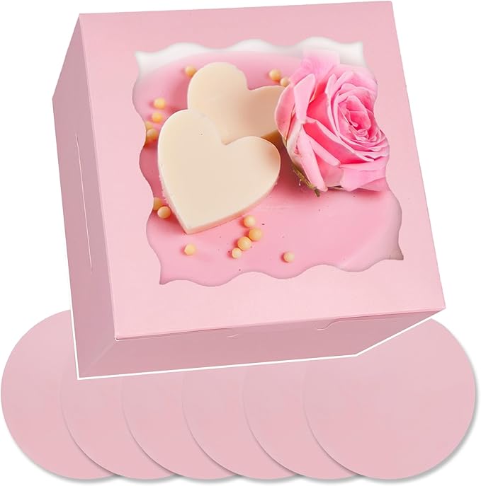 Bakepacker 36pcs 6x6x5 Inches Cake Boxes With Window - 18-Pack Pink Bakery Boxes With 18 Cake Boards Included