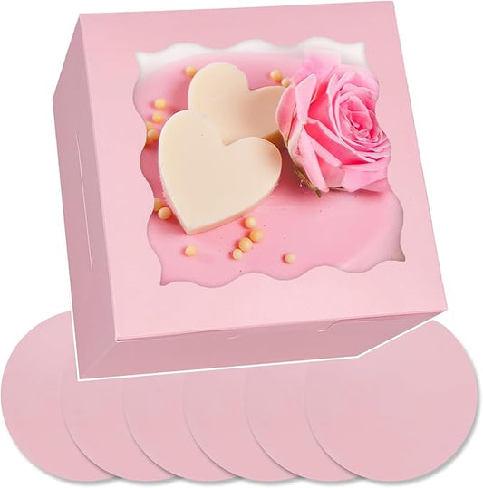 Bakepacker 36pcs 6x6x5 Inches Cake Boxes With Window - 18-Pack Pink Bakery Boxes With 18 Cake Boards Included