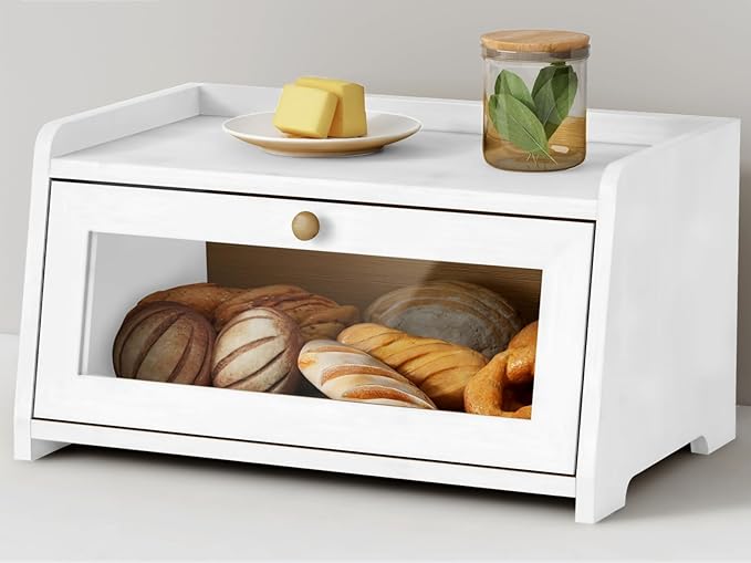 White Bread Box for Kitchen Countertop, Modern Counter Breadbox for Homemade Bread, Large Corner Bread Storage Container for Sourdough Loaf Organizers and Storage (White Bamboo Wood)