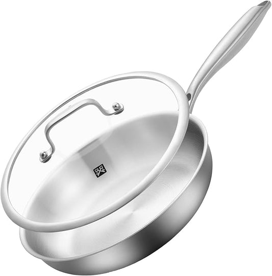 GOLDEN KEY 10 inch Tri-Ply Stainless Steel Pan,Stainless Steel Skillet with Lid,Frying Pan with Lid Compatible with All Cooktops Up to 600,Dishwasher Safe