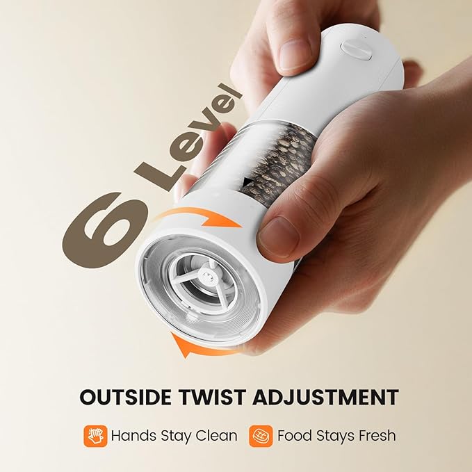 Electric Salt and Pepper Grinder Set - Rechargeable Automatic Salt and Pepper Shakers, Kitchen Appliances with External Adjustable Coarseness, Larger Hopper for Cooking, Home Gifts(2 Pack,White/White)