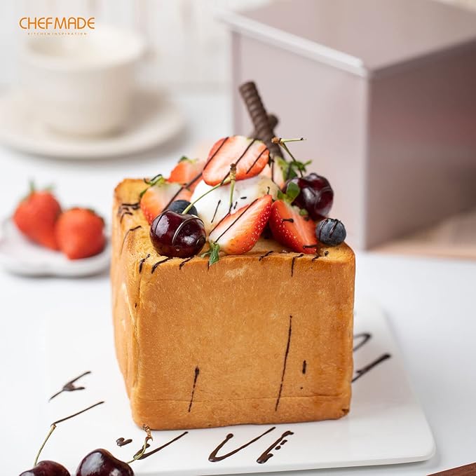CHEFMADE Square Pullman Loaf Pan with Lid, 1Lb Dough Capacity Non-Stick Rectangle Flat Toast Box for Oven Baking 5.7" x 5.7"x 5.2"(Champagne Gold)
