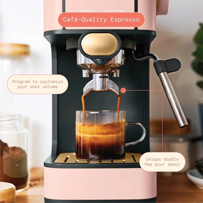 Beautiful Slim Espresso Maker by Drew Barrymore – 20‑Bar Pressure, Dual‑Spout 52 mm Portafilter, 50 oz Removable Tank, 2‑in‑1 Steam Wand & Touch Controls (Rose)