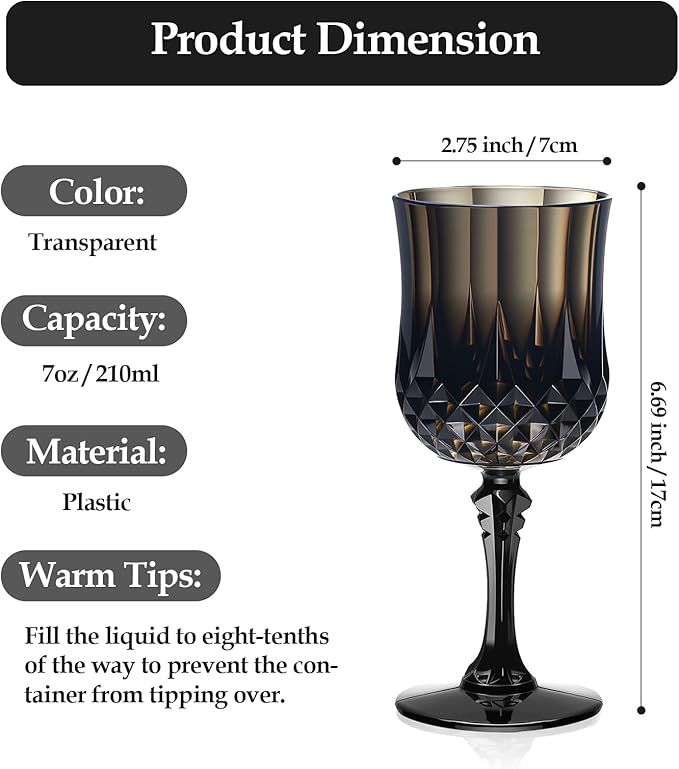 XUWAIDSGN 7oz Plastic Vintage Wine Glasses Drinking Glasses Unbreakable Wedding Glassware Crystal Water Goblets Reusable Drinkware Vintage Champagne Flutes (24, Black)