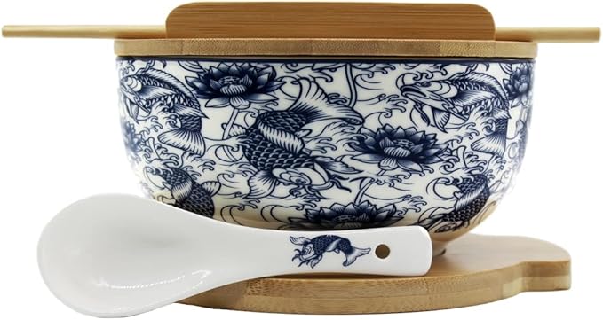 XWORLD Japanese Ceramic Ramen Noodle Bowls Set with Ceramic Spoon, Bamboo Chopsticks, Lid & Trivet, Serving Capacity of 33.8 OZ, Microwavable Oven Safety (3.3” x 6.6” D) (Blue Fish)