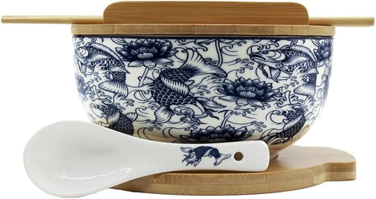 XWORLD Japanese Ceramic Ramen Noodle Bowls Set with Ceramic Spoon, Bamboo Chopsticks, Lid & Trivet, Serving Capacity of 33.8 OZ, Microwavable Oven Safety (3.3” x 6.6” D) (Blue Fish)