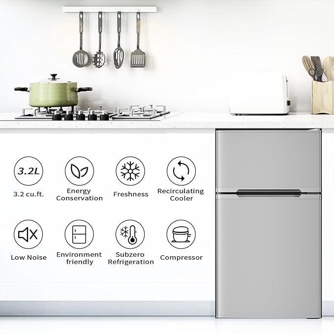Antarctic Star Mini Compact Refrigerator, 3.2 Cu.Ft. Separate Freezer Double 2-Door Adjustable Removable Shelves For Basement/Apartment/Dorm/Office,GREY