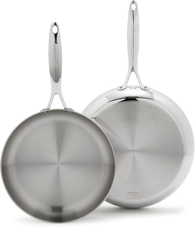 GreenPan Valencia Tri-Ply Stainless Steel 2 Piece Frying Pan Set (8" & 10" Skillets), Induction Ready, Mirror Finish, Dishwasher Safe & Oven/Broiler Safe to 600F, Compatible with All Cooktops, Silver