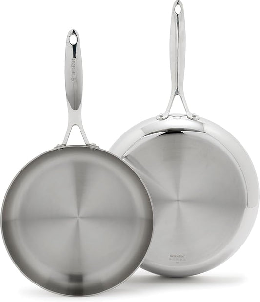 GreenPan Valencia Tri-Ply Stainless Steel 2 Piece Frying Pan Set (8" & 10" Skillets), Induction Ready, Mirror Finish, Dishwasher Safe & Oven/Broiler Safe to 600F, Compatible with All Cooktops, Silver