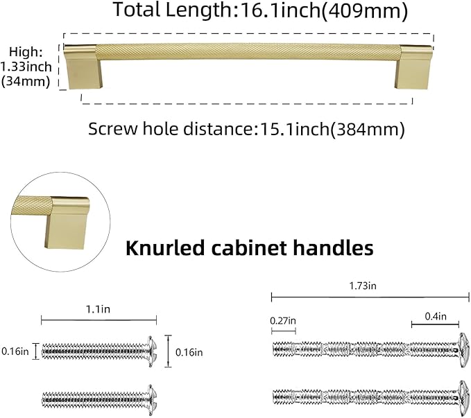 6 Pack 15 inch(384mm) Brushed Brass Kitchen Cabinet Handles Knurled Cabinet Pulls Gold Drawer Pulls Kitchen Hardware