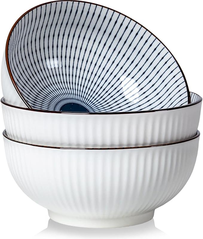 Houlu 60 oz Pho Bowls, Large Soup Bowl, Japanese Ramen Bowl Set, 8 inches Big Porcelain Bowls Set of 3, Striped Pattern