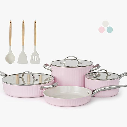 10Pcs Nonstick Cookware Set, Ciwete Tri-Ply Ceramics Cookware Set, Kitchen Pots and Pans with Stay Cool Ergonomic Handle, Dishwasher Safe, Oven Safe, Gift, Compatible with All Stovetop, Pink