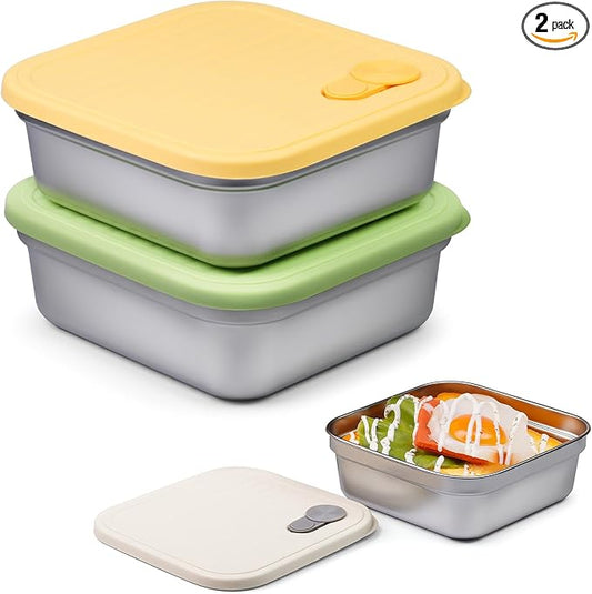 2 Pack Sandwich Containers, 20oz Stainless Steel Sandwich Box with Lids, Reusable Metal Meal Prep Lunch Boxes, BPA-Free, Dishwasher Safe, Food Storage Containers for Snacks & Fruits (Yellow, Green)