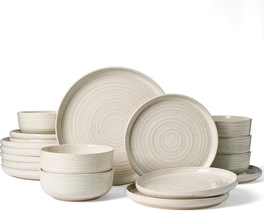 Stoneware Dinnerware Sets, Plate and Bowl Sets for 6, 18 Pieces Spiral Flared Dishware Set with Speckles & Reactive Glaze - Microwave and Dishwasher Safe Tableware, Shell Beige