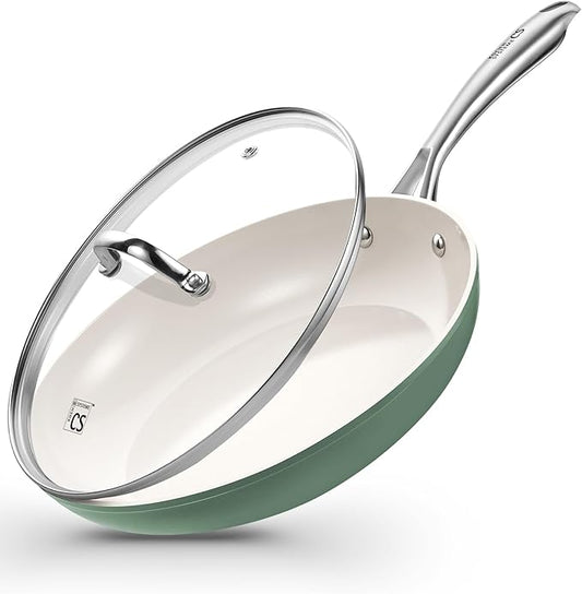 KOCH SYSTEME CS 10 Inch Nonstick Frying Pan with Lid, Non Stick Ceramic Frying Pan with Stay-Cool Stainless Steel Handle, Induction Compatible Skillet, PTFE & PFOA Free, Oven Safe, Sage Green