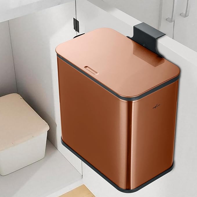 RedFactor Stainless Steel Hanging Trash Can with Lid and Inner Bucket – Slim 1.3 Gallon Odor-Free Compost Bin for Kitchen Cabinet, Countertop, Under Sink, or Bathroom (Copper)