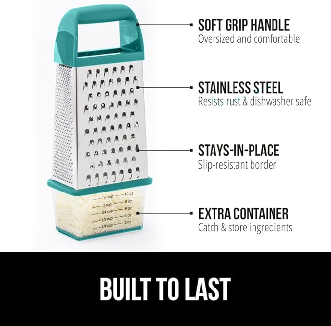 GORILLA GRIP 4-Sided 100% BPA-Free Cheese Grater With Container, Stainless Steel Box Graters, Parmesan Shredder, Grate Cheeses, Shred Veggies, Slip Resistant Handle, Dishwasher Safe Zester, Turquoise