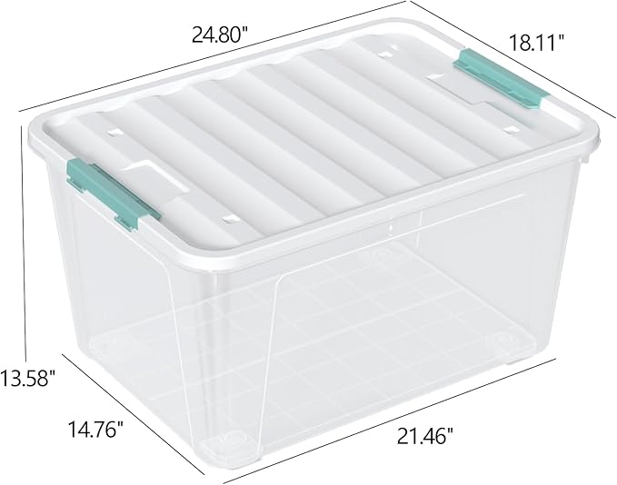85 Quart (21 Gallon) Clear Large Plastic Storage Latch Box with Lid, Plastic Storage Bins with Wheels, 4-Pack