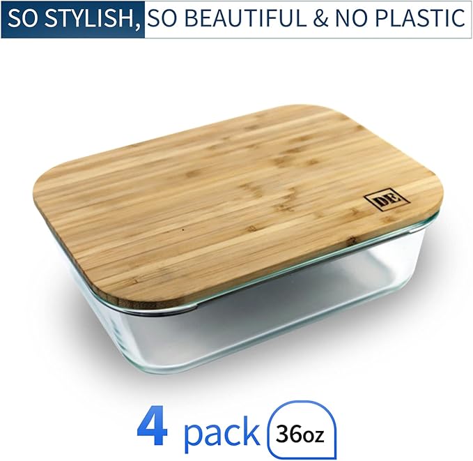 Glass Food Storage Containers with Bamboo Lids (4-Pack, 36oz) Airtight, Leakproof, BPA-Free Borosilicate Glass Meal Prep Containers – Eco-Friendly, Oven/Microwave/Freezer Safe-Plastic-Free & Reusable