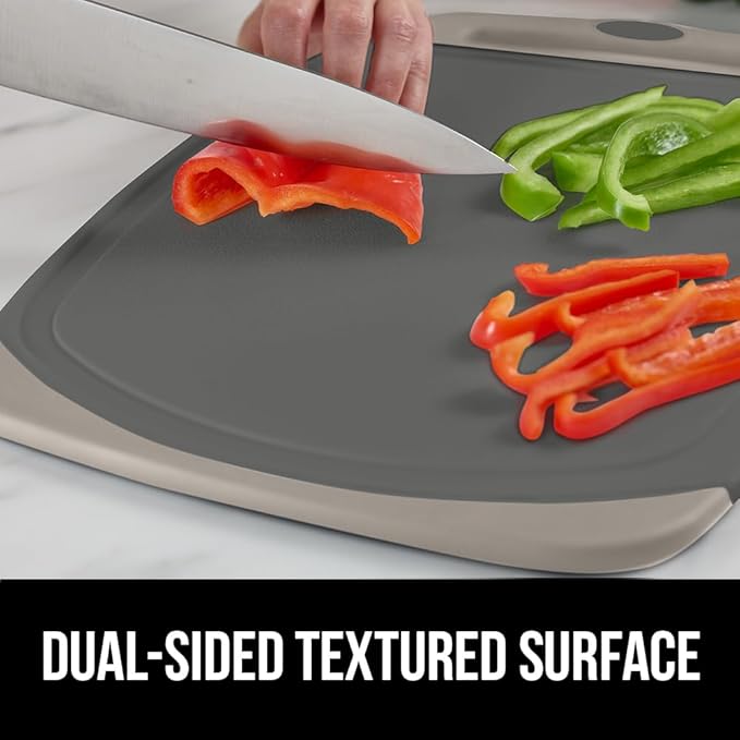GORILLA GRIP BPA-Free Reversible Kitchen Cutting Board Set of 3, US Designed, Nonporous, Juice Grooves Catch Liquid, Slip Resistant Border, Dishwasher Safe, Durable Food Chopping Boards, Almond Gray