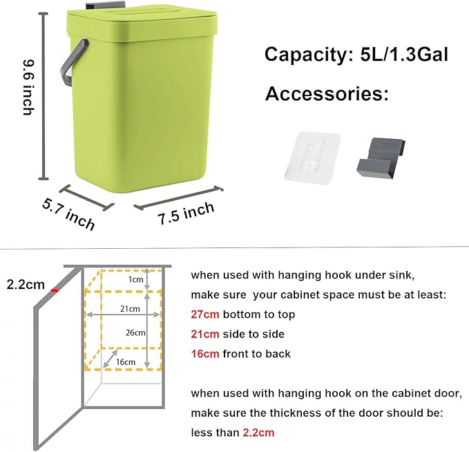 LALASTAR Small Plastic Trash Can, Hanging Small Trash Can with Lid Under Sink for Kitchen, Food Waste Bin for Countertop, Mountable Garbage Can for Bathroom, RV, 5L/1.3 Gal, Green