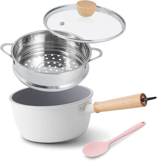 ROCKURWOK Ceramic Nonstick Sauce Pan with Lid, 2 Quart Cooking Pot, Small Saucepan with Steamer, PTFE & PFAS-Free, Wooden Handle for Cool Touch, Universal Base(Gas, Electric & Induction), White