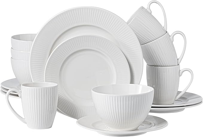 16 Pcs White Dinnerware Sets for 4, Ceramic Plates and Bowls Sets with Mugs, Dishwasher and Microwave Safe - Embossed Stripe Decro, Elegant Kitchen Dish Sets, QOMO-1996