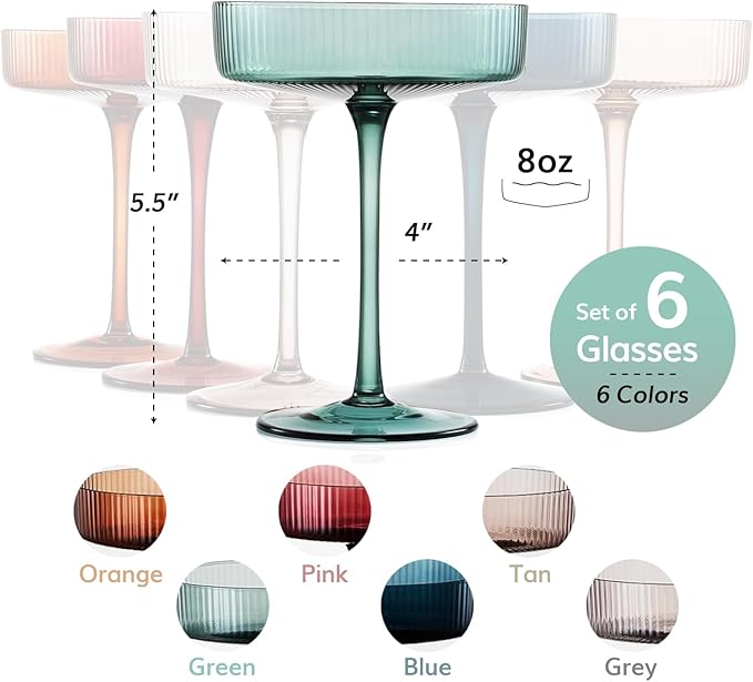 Colored Vintage Art Deco Coupe Glasses - Martini, Cocktail & Champagne Ribbed Glasses 7oz | Set of 6 | Cute Pastel Muted Crystal Cocktail Glassware, Goblet Cocktails, Stemmed Ripple Glassware Gift Box