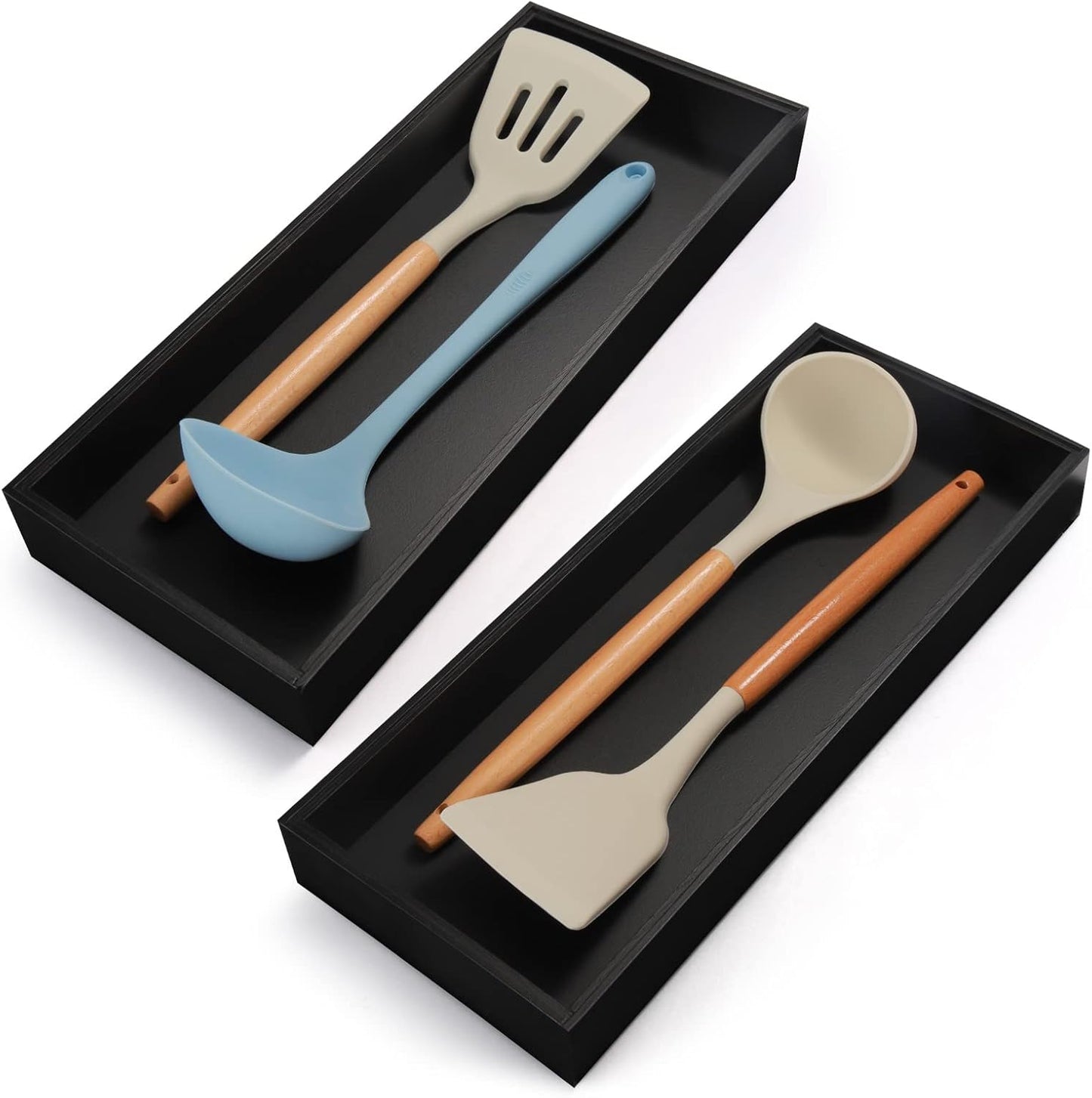 Bamboo Kitchen Drawer Organizer - Set of 2, Stackable Utensil Organizers, Wooden Storage Box Tray for Cabinet, Pantry, Bathroom Countertop, Multi-use Organization and Storage (Black)