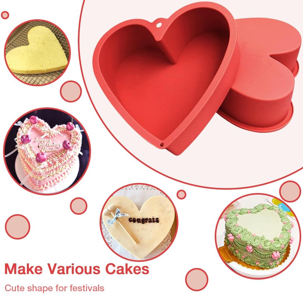 Alimat PluS 8 Inch Silicone Heart Shaped Cake Pans, 2 Pack Heart Cake Pan with Hanging Hole(Red)