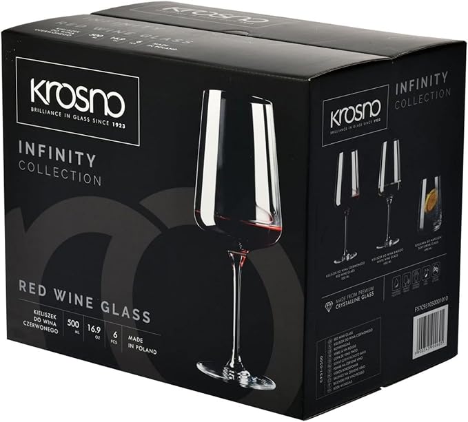 Krosno Red Wine Glasses, Set of 6, 16.91 oz, Infinity Collection, Ideal for Cabernet, Merlot, Classic Elegant Shape, Premium Glass, Lead-Free, Dishwasher Safe, Made in Europe