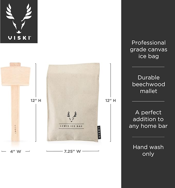 Viski Professional Lewis Ice Bag and Mallet, Manual Ice Crusher, Ice Crushers for Home Use, Bartender Kit & Bar Tools Kitchen Accessory, 12"
