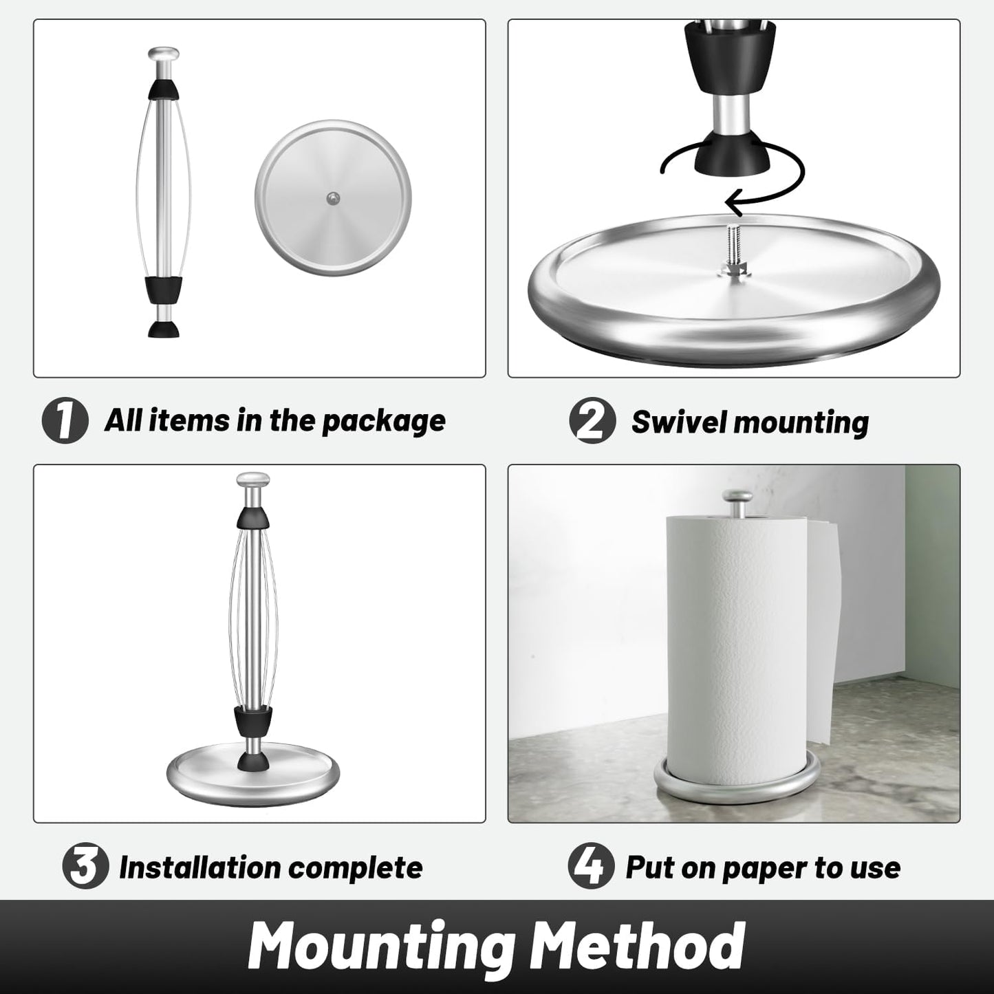 VEHHE Simply Tear Paper Towel Holder Countertop with EVA Non-Slip Pad, Damping Function Paper Towel Stand with Weighted Base for Bathroom and Kitchen (Silver)