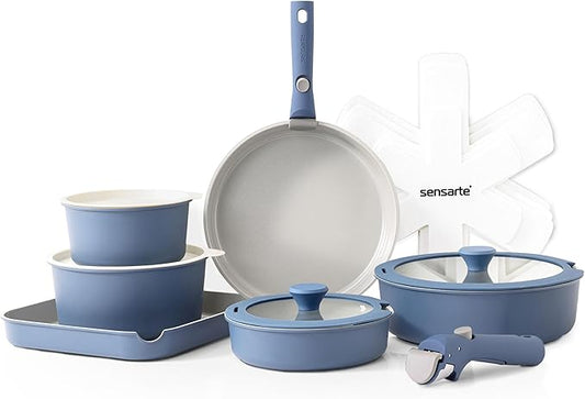 SENSARTE 17 Piece Ceramic Pots and Pans Set, Nonstick Detachable Handle Cookware, Induction Kitchen Cookware Set with Removable Handle, Dishwasher ＆ Oven Safe (Navy)