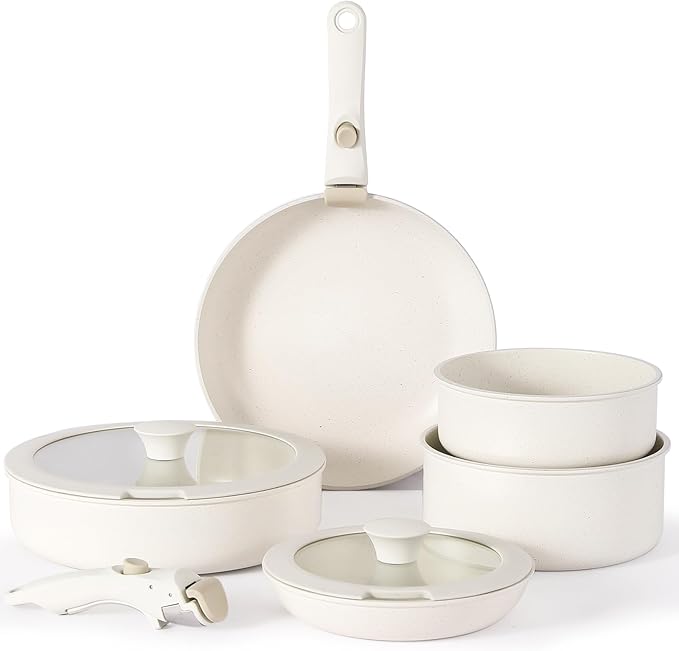 Non Stick Pot and Pan Set with Removable Handle, Ceramic Cookware Set Detachable Handle, Induction Kitchen Camping Stackable Pots Pans, Dishwasher/Oven Safe, Cream