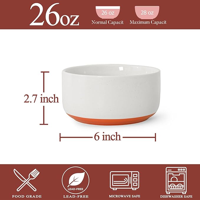 Stoneware Cereal Bowls Set of 4, 6 Inch Deep Bowl for Oatmeal, Soup, Ceramic Bowls Sets, Microwave Safe, Dishwasher Safe, Versatile for All Seasons, Stardust Glaze White