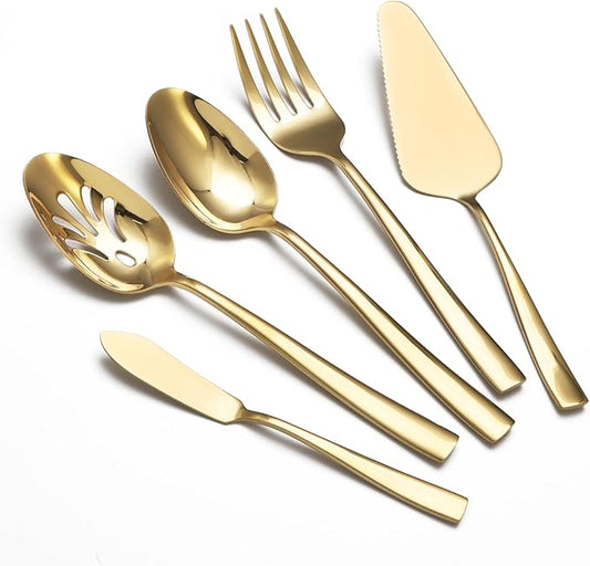 Large Hostess Serving Utensils Set, Stainless Steel Heavy Duty Serving spoons, Slotted Spoons, Serving Fork, Cake Server, Butter Knife, Dishwasher Safe (Gold)