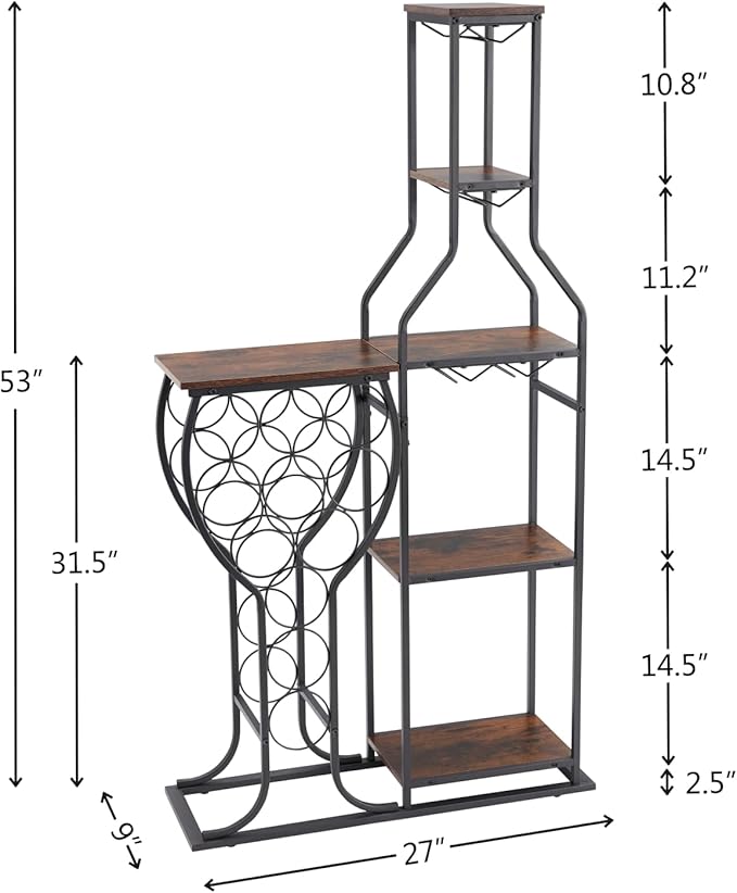 5-Tier Wine Rack Freestanding Floor, 11 Bottles Modern Wooden Wine Holder-Storage Cabinet for Home Bar, Kitchen, Dining Room Space Saving Bar Stand with Easy Assembly.(Brown)