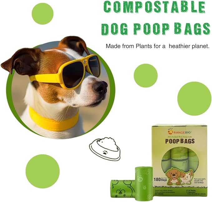 OrangeBio Dog Poop Bags with Handles, Scented, 100% Certified Home Compostable, 13 x 9 Inches - 180 Count (15 Bags per Roll, 12 Rolls), OK Compost Home