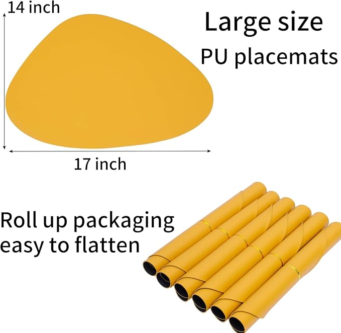 Faux Leather Placemats Set of 6 Waterproof,Round Reversible PU Placemat for Dining Table,Heat Resistant Wipeable Anti Slip Table Mats,Modern Table Protectors(Navy Blue and Yellow)