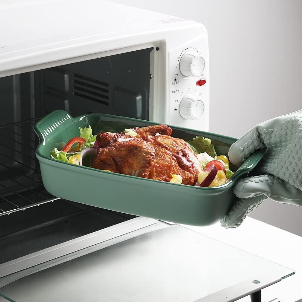 Sweejar Baking Pans Set, Ceramic 9x13 Baking Dish with Handle, Rectangular Casserole Dishes for Oven, Bakeware Sets of 3, Durable Lasagna Pan Deep for Kitchen, Banquet, Wedding Gift(Green)