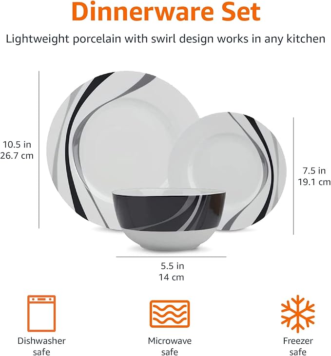 Amazon Basics Dinnerware Set, Microwave and Dishwasher Safe, Service for 6, 18-Piece Complete Kitchen, Plates, Dishes, Bowls, Swirl