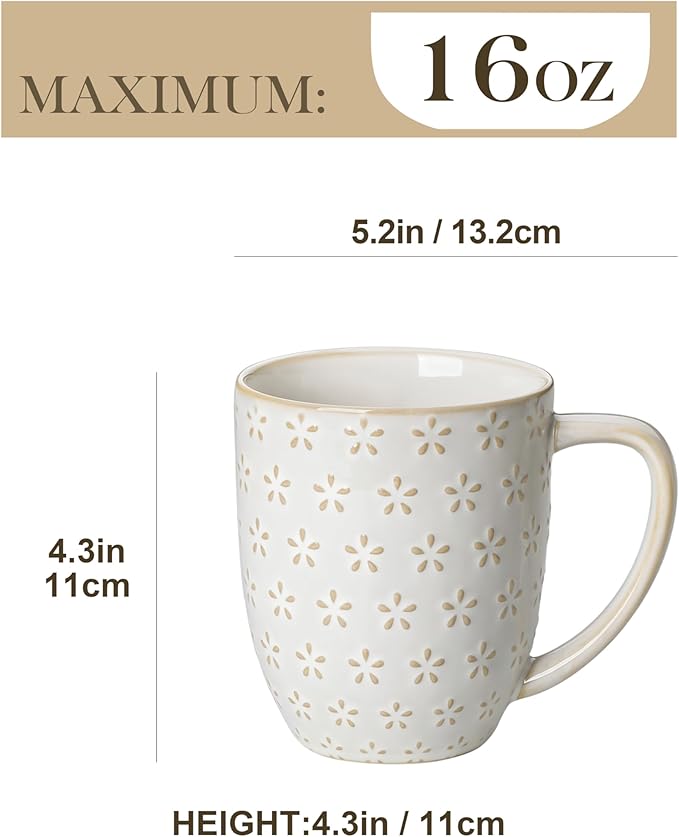 MALACASA LYDIA Coffee Mugs, 16 OZ Ceramic Mugs Set of 4 with Handle, Embossment Cups for Latte, Hot Tea, Cappuccino, Mocha, Cocoa, Dishwasher & Microwave Safe Gift Set, White
