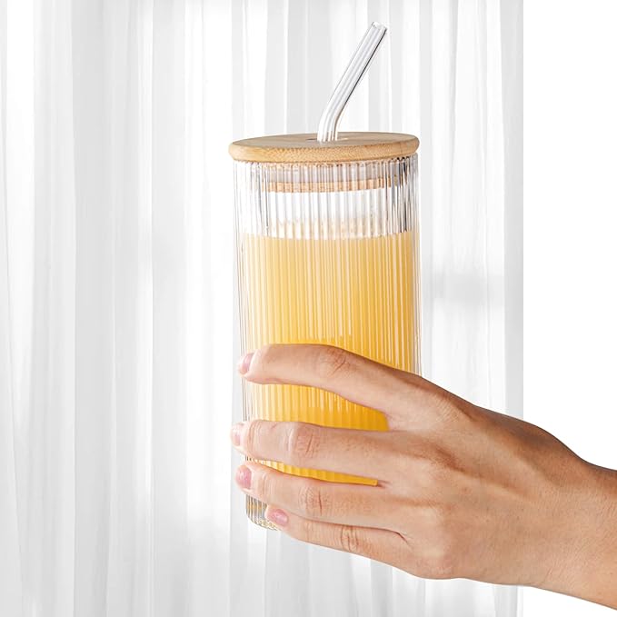 Vintage Ribbed Glassware Set, 16oz Drinking Glasses, Origami Style Set of 4, Fluted Design, Ideal for Water, Iced Coffee, Juice, Beer, Milk, Gift (16oz with lids and straws)