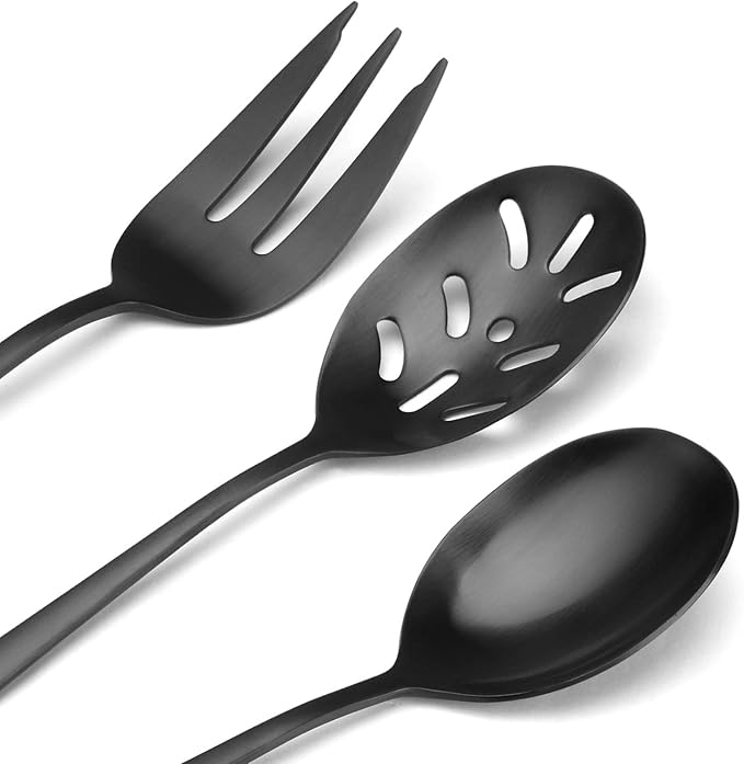 Matte Black Serving Set，SHARECOOK 5-Piece 18/0 Stainless Steel Large Hostess Set with Round Edge, Satin Finished, Dishwasher Safe -Spoons, Forks,Butter Knife& Slotted Spoon