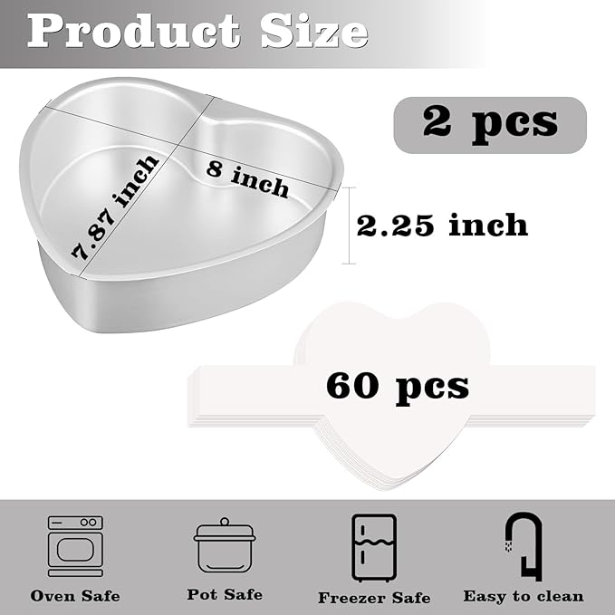 HUAKENER 8 Inch Heart Cake Pan, Set of 2 Heart Shaped Cake Pans with 60 Pieces Parchment Paper, Non-stick Cake Baking Pans for Kitchen Birthday Wedding
