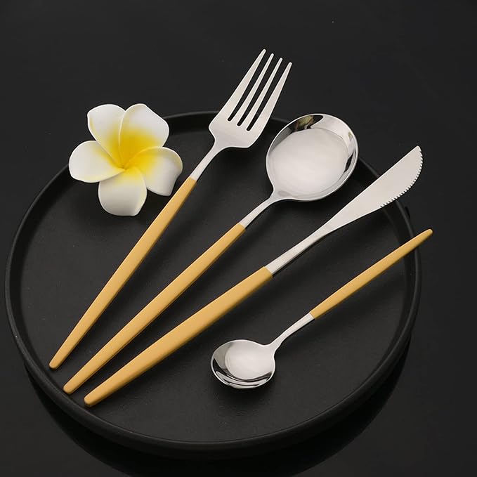 JASHII Flatware Set 24 Piece, Stainless Steel Silverware Set, Macaron Small Fresh Color Cutlery Set, Modern Elegant Tableware Set for Party, Christmas, Dinner (Yellow Silver)